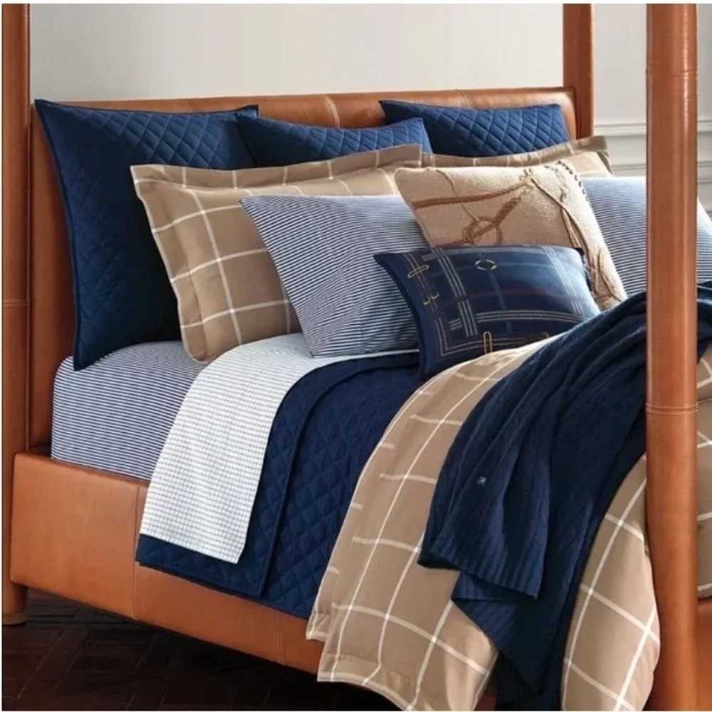 Ralph Lauren Modern Equestrian Cromwell Quilted Euro Sham Navy Blue Button Close
